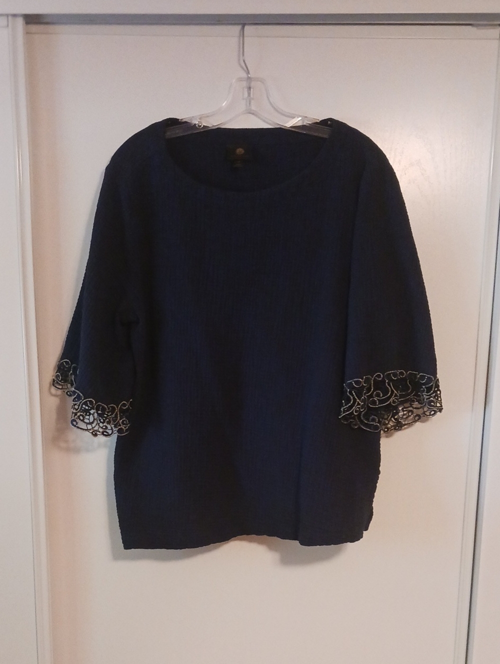JM Collection Dark Navy Scoop Neck Knit Top with Gold Embroidered Bell Cuffs
